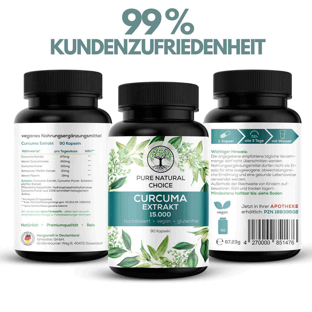 
                  
                    Etikett Pure Natural Choice Curcuma Extrakt Nahrungsergänzungskapsel. Text auf dem Etikett: '1 Kapsel alle 3 Tage mit Wasser einnehmen. Bio Curcuma Pulver und schwarzen Pfeffer Extrakt mit 19mg Piperin für 20 fache höhere Bioverfügbarkeit
                  
                