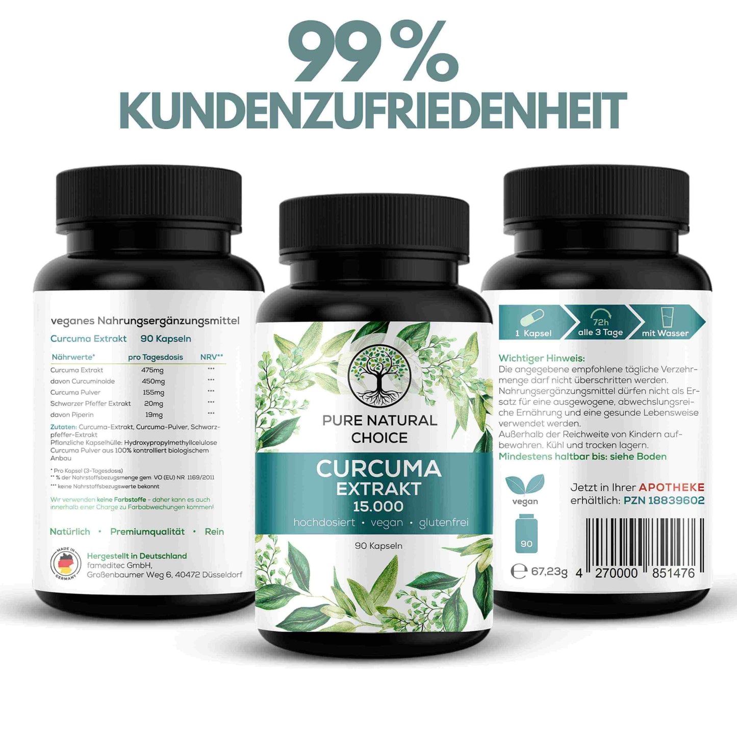 
                  
                    Etikett Pure Natural Choice Curcuma Extrakt Nahrungsergänzungskapsel. Text auf dem Etikett: '1 Kapsel alle 3 Tage mit Wasser einnehmen. Bio Curcuma Pulver und schwarzen Pfeffer Extrakt mit 19mg Piperin für 20 fache höhere Bioverfügbarkeit
                  
                