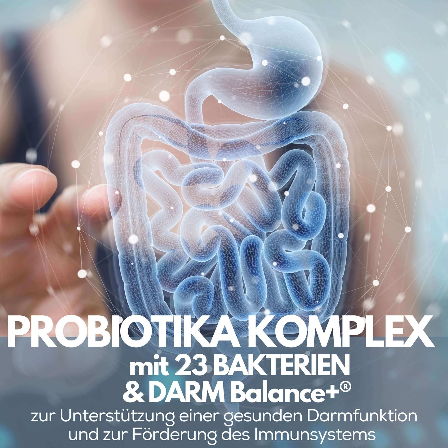 Eine Frau an einem durchsichtigem Bildschirm zeigt auf einen gesunden Darm darunter der Text Pure Natural Choice Probiotika Komplex mit 23 Bakterien und Darm Balance+ Formel zur Unterstützung einer gesunden Darmfunktion und zur Förderung des Immunsystems 